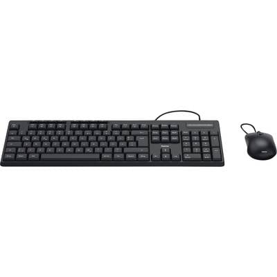 Schwarze kabelgebundene Tastatur mit Ziffernblock und kabelgebundene Maus, beide nebeneinander abgebildet, auf weißem Hintergrund.