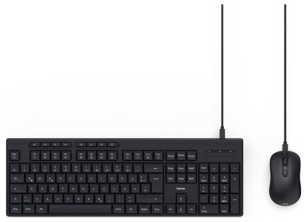Kabelgebundenes, schwarzes Hama Tastatur und Maus Set mit Full-Size-Layout und Nummernblock.