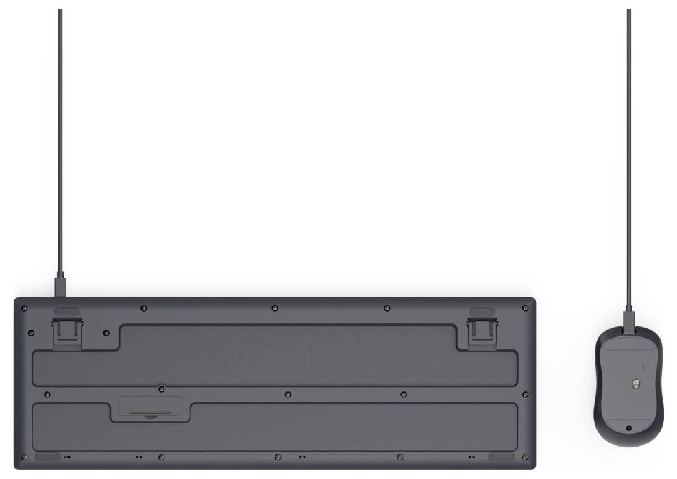 Eine schwarze Tastatur und Maus, beide kabelgebunden und von der Rückseite gezeigt.