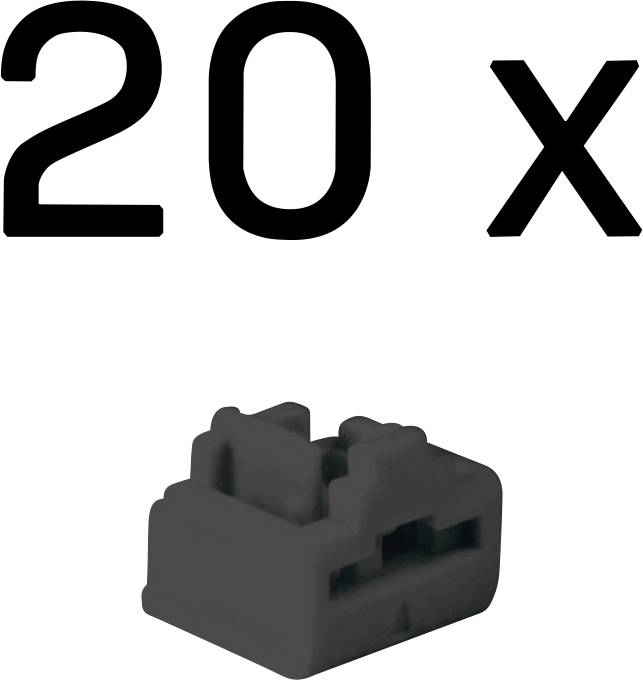 „20x" Beschriftung über einem kleinen dunkelgrau Kunststoffstecker oder Clip in Produktansicht gezeigt.
