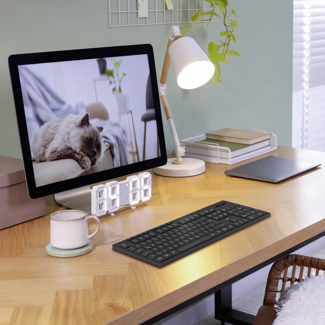 Ein moderner Schreibtisch mit einem Computerbildschirm, der eine schlafende Katze zeigt. Daneben steht eine Lampe und Büromaterial.