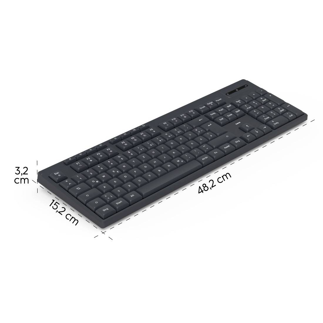Eine schwarze Tastatur mit Abmessungen: 48,2 cm breit, 15,2 cm tief und 3,2 cm hoch.