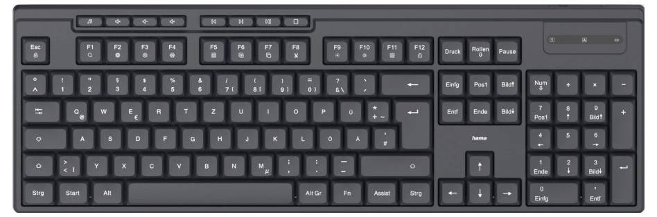 Schwarze Computertastatur mit deutschem QWERTZ-Layout, Funktionstastenreihe, Nummernblock und speziellen Medien- und Steuerungstasten oben.