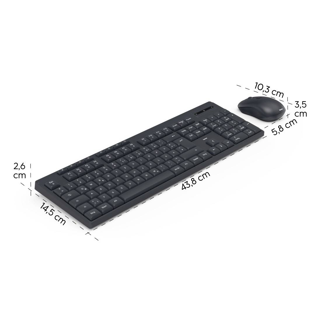 Schwarze kabellose Tastatur und Maus mit Abmessungen: Tastatur 44,8 cm x 14,5 cm x 2,6 cm, Maus 10,3 cm x 5,8 cm x 3,5 cm.