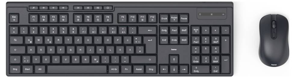 Schwarze Computer-Tastatur und -Maus auf weißem Hintergrund. Tastatur mit Nummernblock; Maus kabellos.