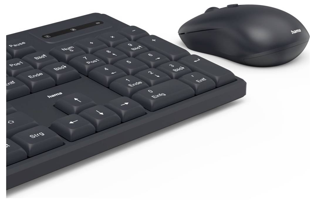 Eine schwarze Tastatur und Maus auf weißem Hintergrund. Die Tastatur hat einen nummerischen Block auf der rechten Seite.