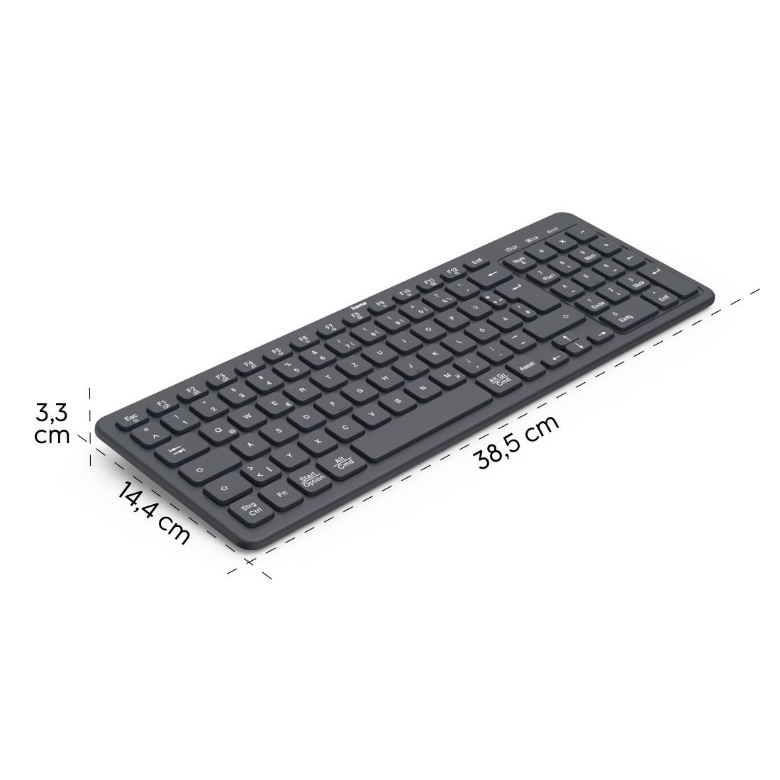 Eine schwarze kabellose Tastatur mit Abmessungen: Höhe 3,3 cm, Breite 14,4 cm, Länge 38,5 cm.