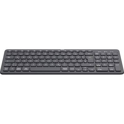 Eine schwarze, kabellose Computertastatur mit vollständigem Layout, inklusive Nummernblock und Funktionstasten.