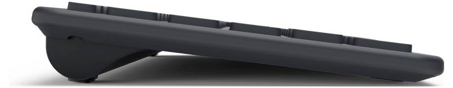 Schwarze ergonomische Computertastatur in seitlicher Ansicht, zeigt innovative Neigung und erhöhte Tasten zur Unterstützung der Handgelenke.