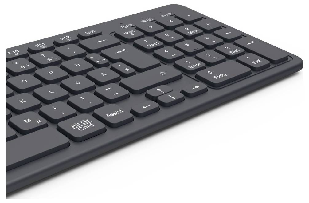 Eine schwarze Computertastatur mit deutschen Tastaturlayout, einschließlich Sonderzeichen und Funktionstasten.