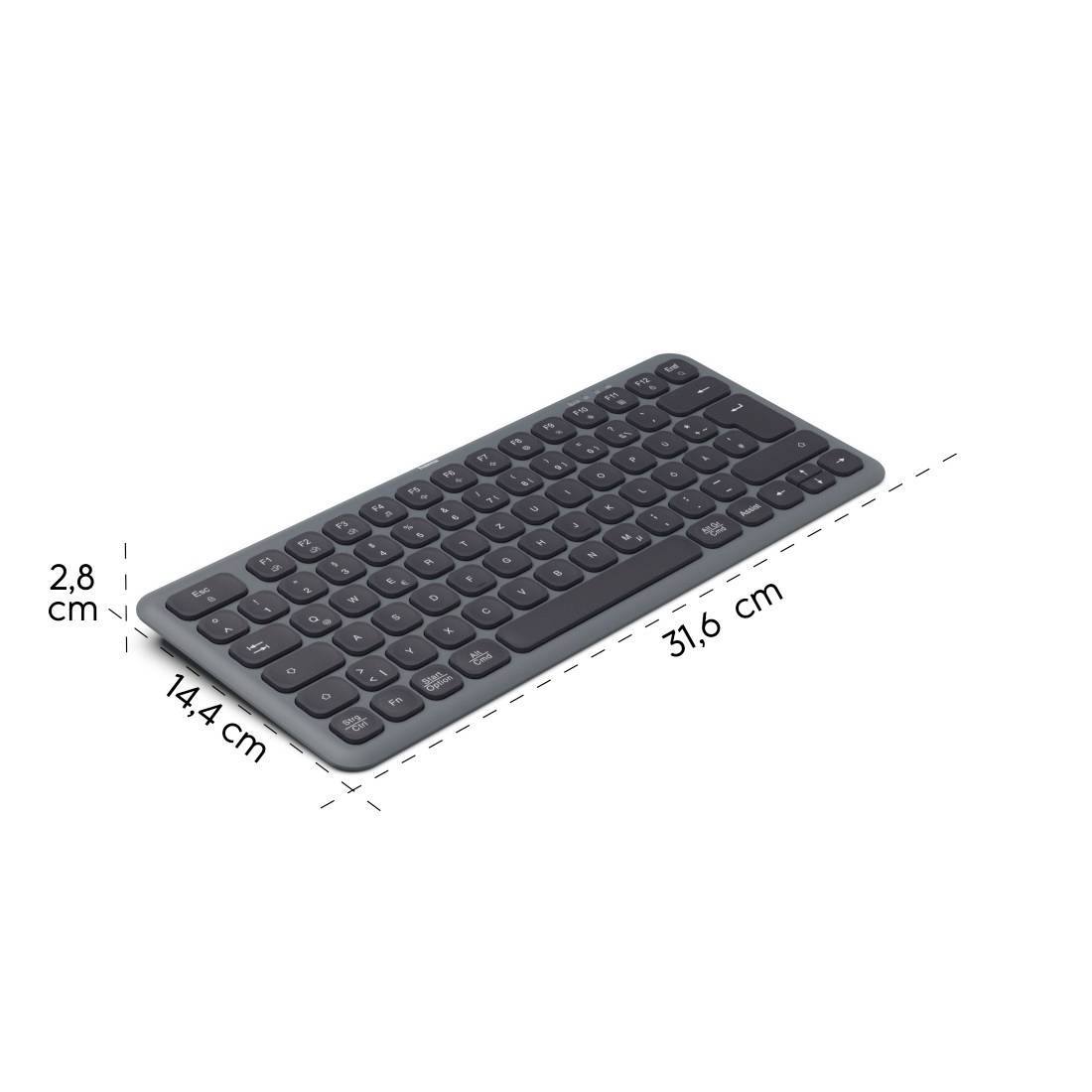 Schwarze kabellose Tastatur mit abgerundeten Tasten. Maße: 31,6 cm breit, 14,4 cm tief, 2,8 cm hoch.