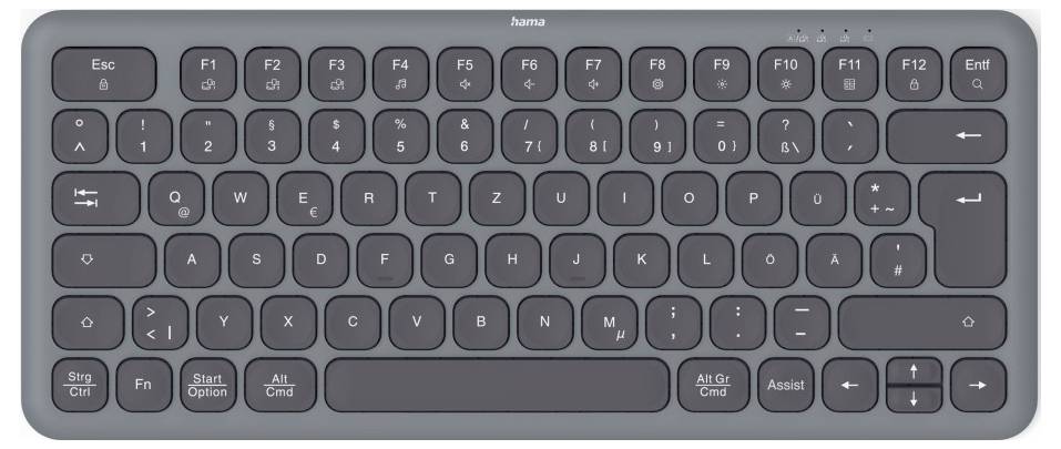 Kabellose Tastatur in Grau mit Deutsch QWERTZ Layout, Funktionstastenreihe, und Multimedia-Steuerungstasten.