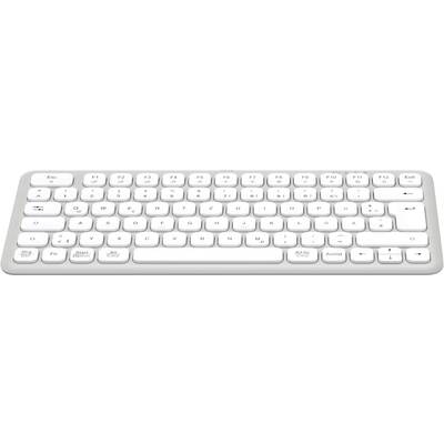 Weiße Computertastatur mit kompaktem Design, ohne Nummernblock. Enthält Funktionstasten, Pfeiltasten und typische Buchstaben- und Zahlentasten.