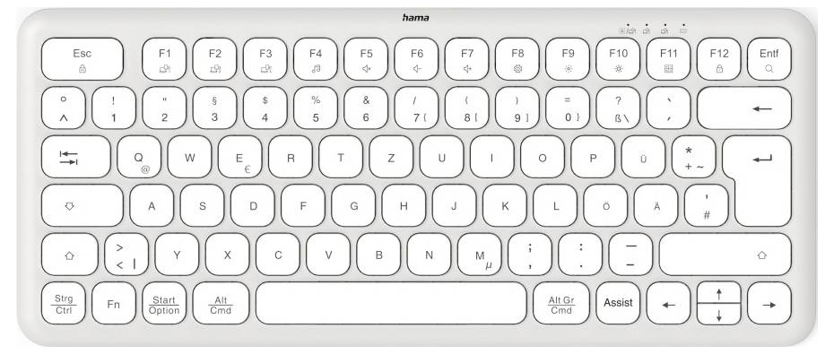 Weiße drahtlose Tastatur mit deutschen QWERTZ-Tastenlayout, Funktionstastenreihe oben und speziellen Multimedia-Tasten.