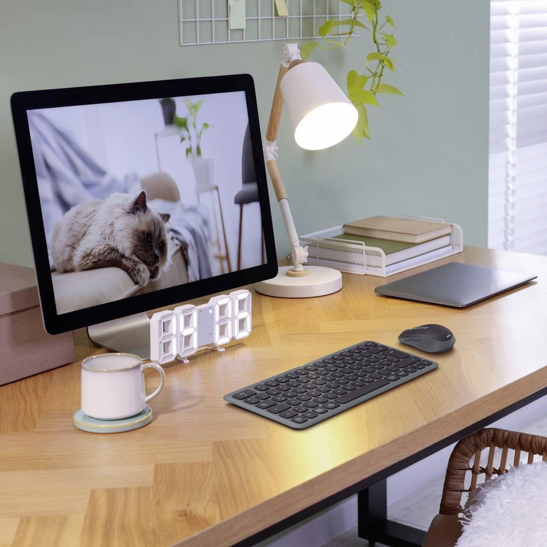 Ein Schreibtisch mit einem Computerbildschirm, auf dem ein Katzenbild angezeigt wird, mit Tastatur, Maus, Tischlampe und dekorativen Gegenständen.