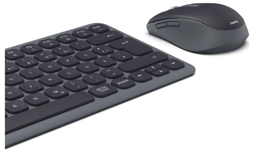 Eine schwarze Tastatur mit nummerierten Tasten und eine passende kabellose Maus, die ergonomisch gestaltet ist.