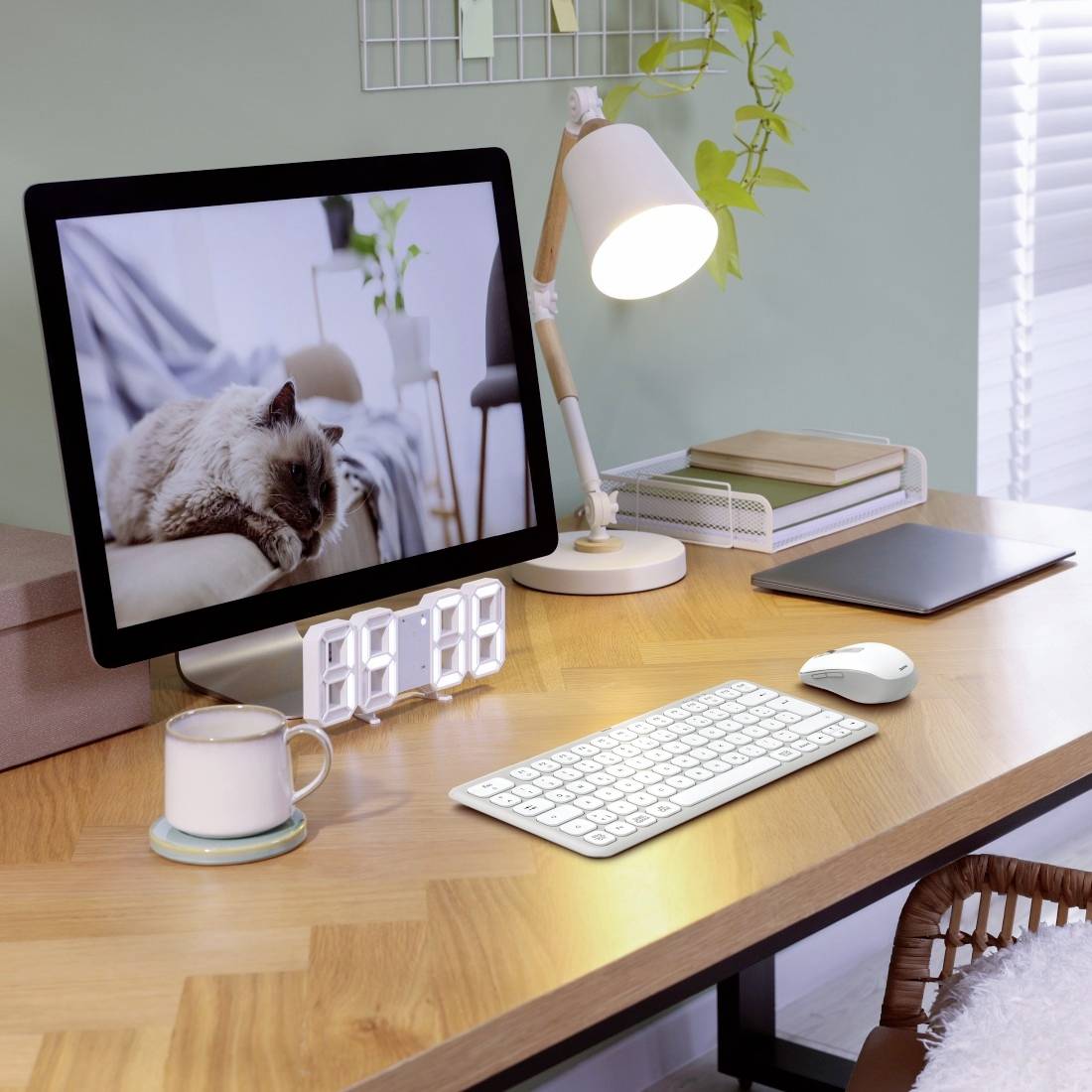 Ein moderner Schreibtisch mit Bildschirm zeigt ein schlafendes Tier. Auf dem Tisch stehen eine Schreibtischlampe, Tastatur und Maus.