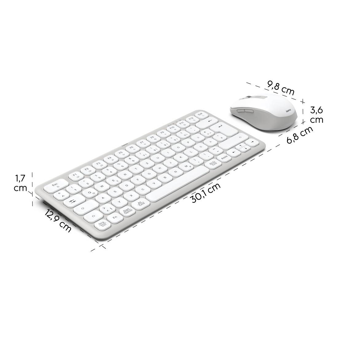 Kabellose weiße Tastatur und Maus-Set. Tastaturmaße: 30,7 × 12,9 × 1,7 cm. Mausmaße: 9,8 × 6,8 × 3,6 cm. Ideal für platzsparende Büros.