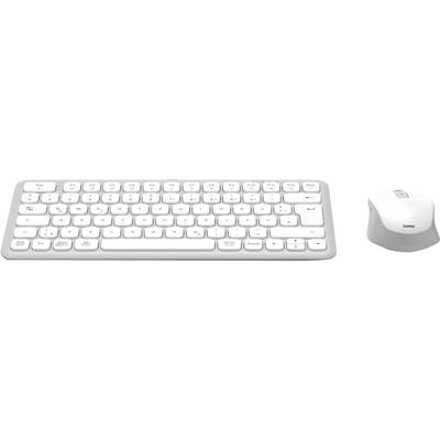 Weiße kabellose Tastatur mit passender Maus, schlichtes Design.