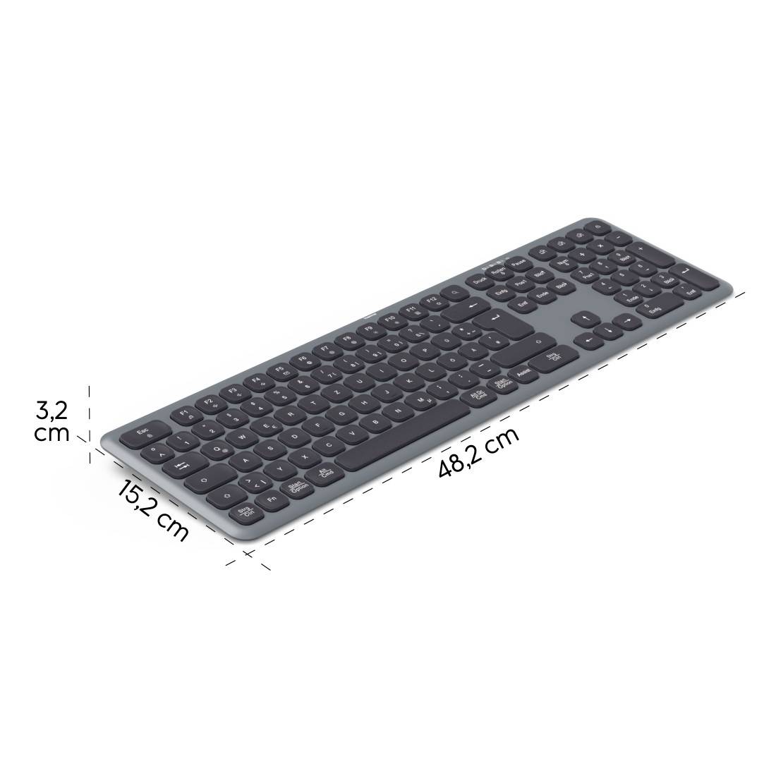 Kabellose schwarze Tastatur mit abgerundeten Tasten. Maße: 48,2 cm x 15,2 cm x 3,2 cm.
