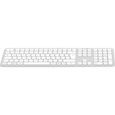 Weiße Computertastatur von oben, zeigt vollständiges Layout mit numerischem Tastenblock rechts in standardmäßiger QWERTZ-Anordnung.