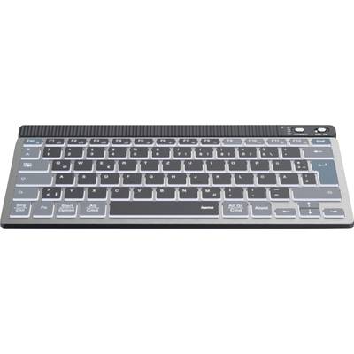Draufsicht auf eine drahtlose Computertastatur mit schwarzen Tasten und silbernem Rahmen, funktional ohne angedeuteten Kontexteinsatz.