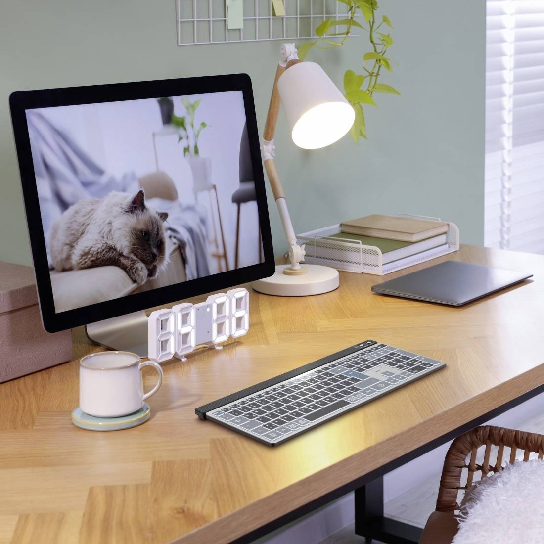 Ein Schreibtisch mit einem Monitor, auf dem ein schlafendes Tier zu sehen ist. Daneben eine Lampe, eine Uhr und eine Tasse.