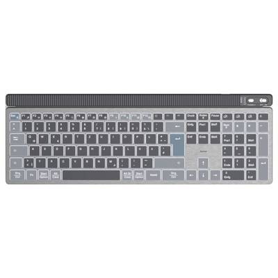 Kabellose silberne Tastatur mit Funktionstastenreihe und Nummernblock. Tasten in dunklen und hellblauen Tönen zur Unterscheidung.