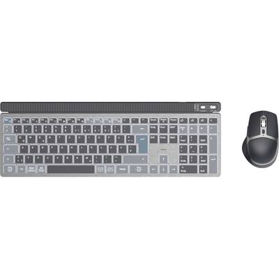 Tastatur und Maus in Draufsicht. Tastatur mit grauem Design und blauen Sondertasten, kabellose Maus rechts daneben.