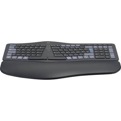 Ergonomische schwarze Tastatur mit geteiltem Tastenlayout und Handballenauflage. Tasten in zwei Gruppen mit Funktionstasten oben.