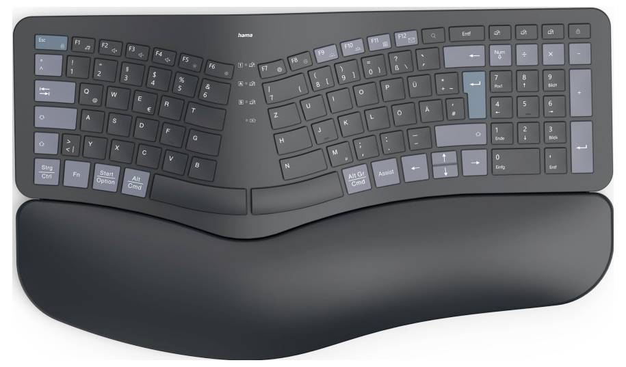 Eine ergonomische, geteilte Tastatur mit geschwungenem Design und weicher Handballenauflage, zur Verringerung von Handgelenkbelastungen.