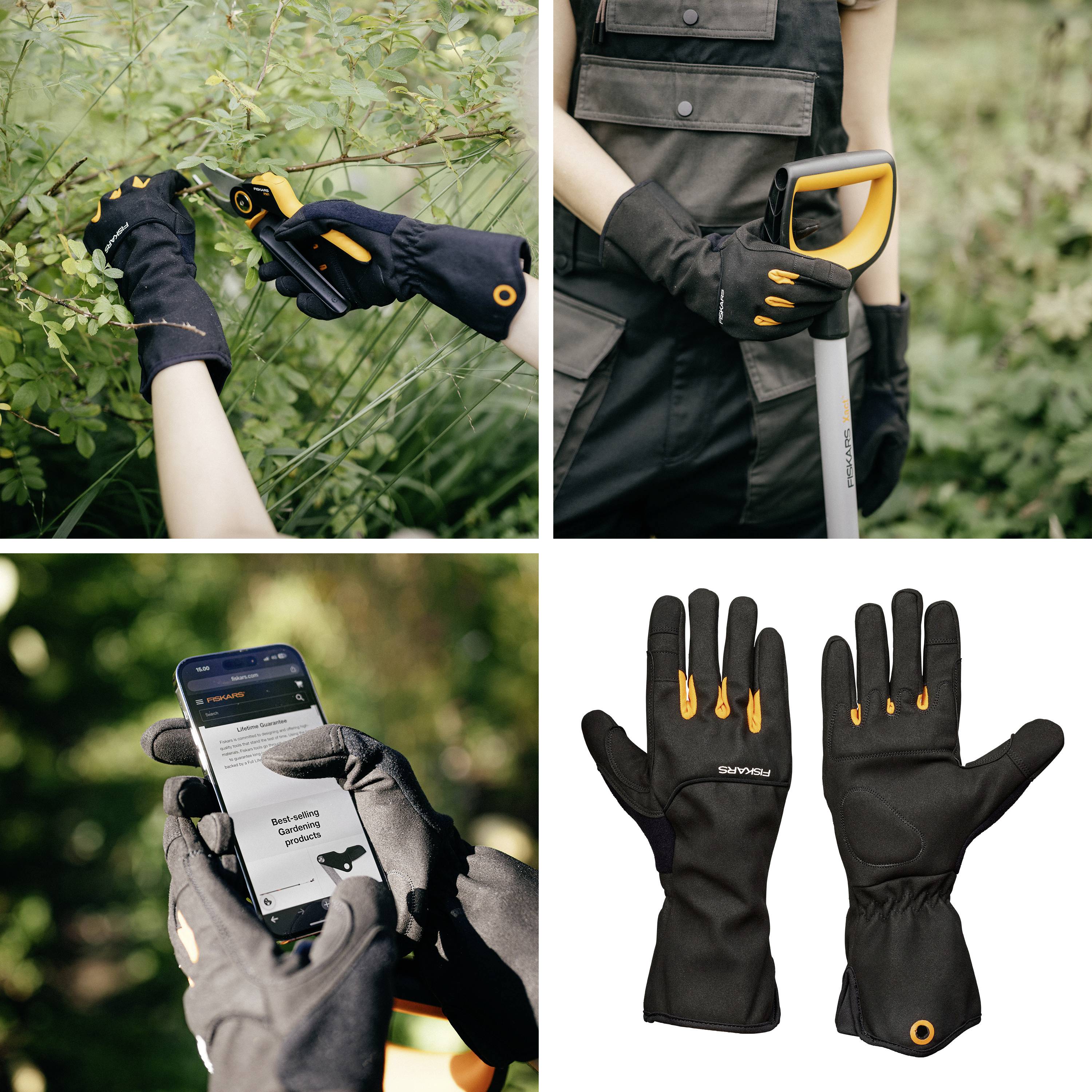 Vier Bilder zeigen Handschuhe bei der Gartenarbeit: Schneiden von Ästen, Halten einer Schaufel, Nutzung eines Smartphones, Handschuhe im Detail.