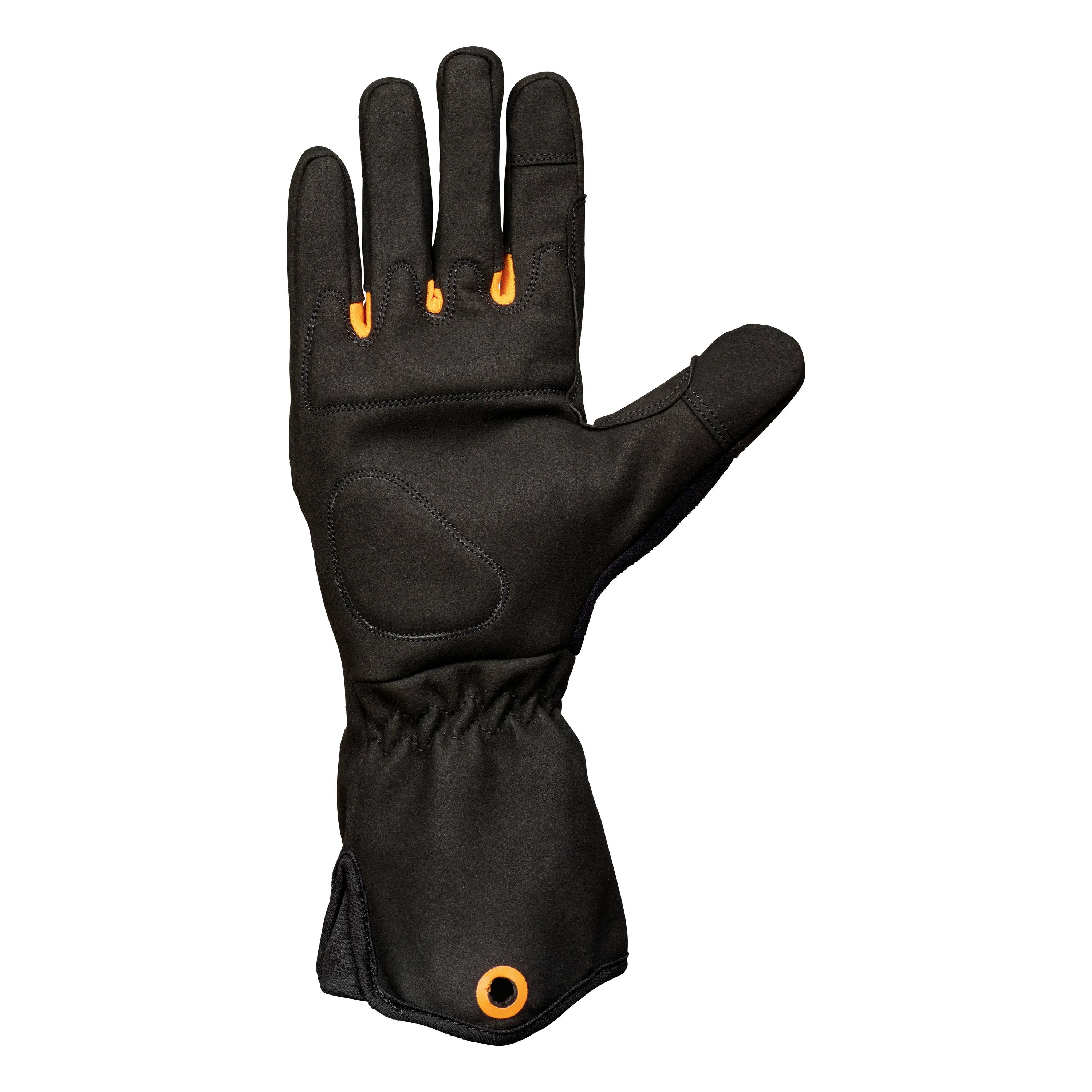 Schwarzer Handschuh mit langem Schaft, orangen Details und verstärkter Handfläche für zusätzlichen Schutz. Geeignet für Outdoor-Aktivitäten.