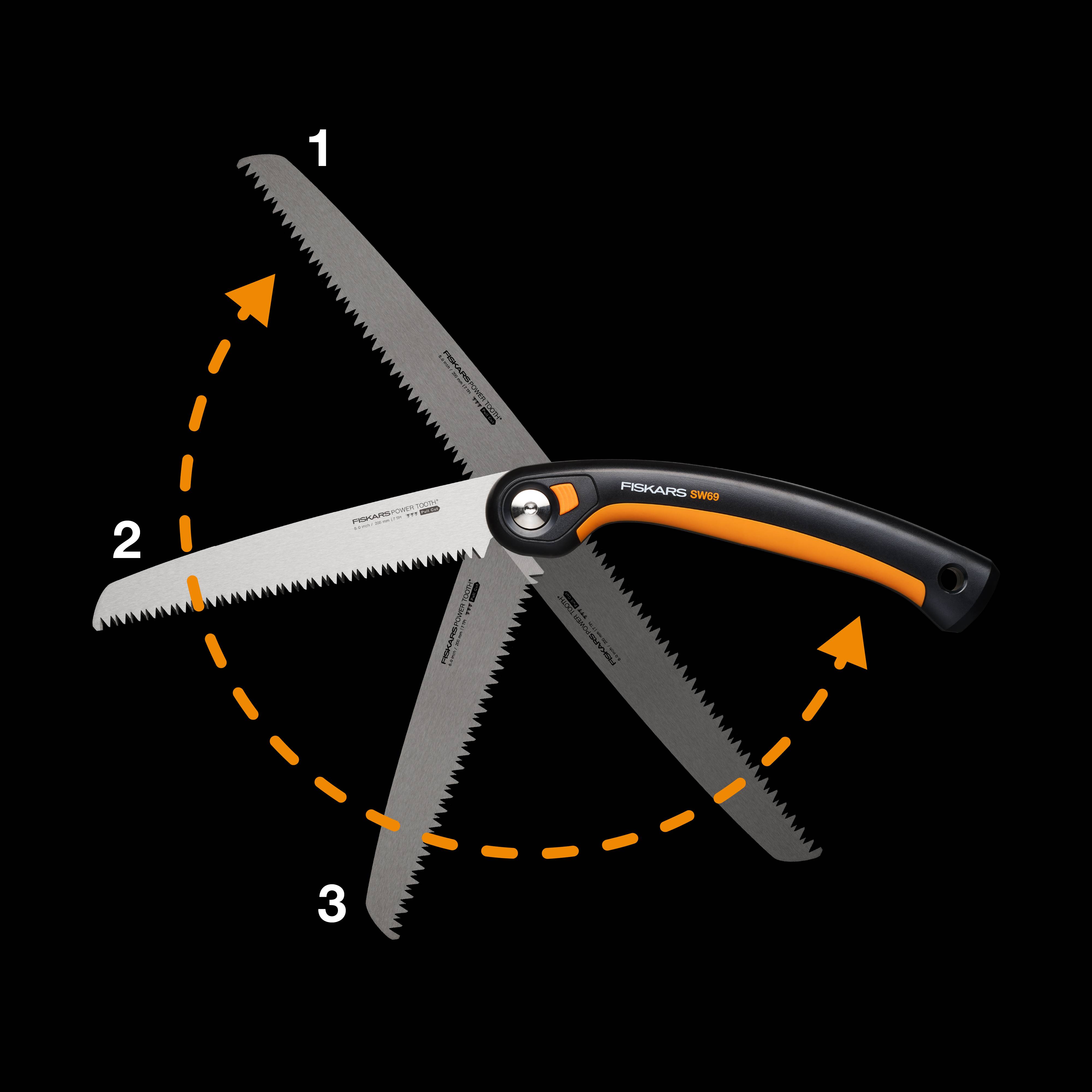 Die Abbildung zeigt eine schwarze Klappsäge mit drei austauschbaren Sägeblättern in verschiedenen Winkeln für vielseitiges Schneiden.