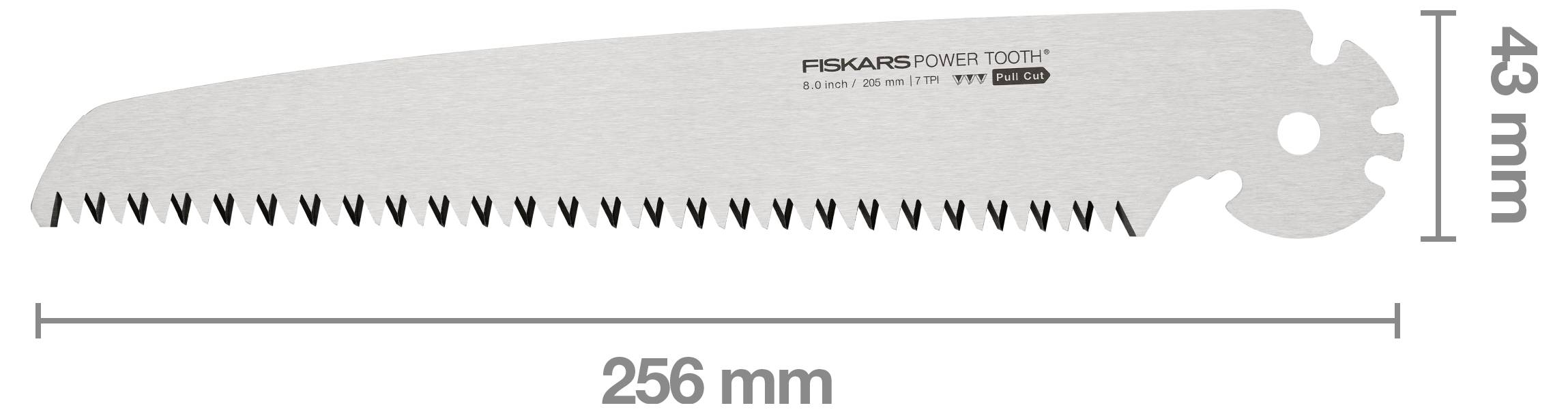 'Säbelsägeblatt von Fiskars, Länge 256 mm, Höhe 43 mm, geeignet für kraftvolle Sägetätigkeiten.'