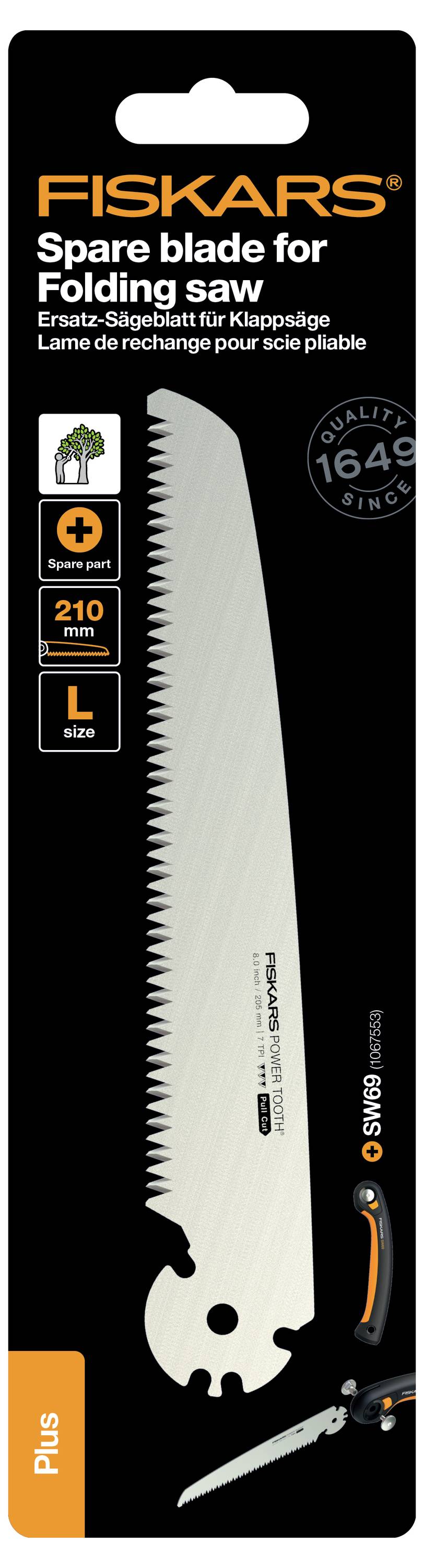 Ersatzsägeblatt für Klappsäge von Fiskars, 1640 Qualität, Länge 210 mm. Abbildung der Verpackung und eines Werkzeugs.