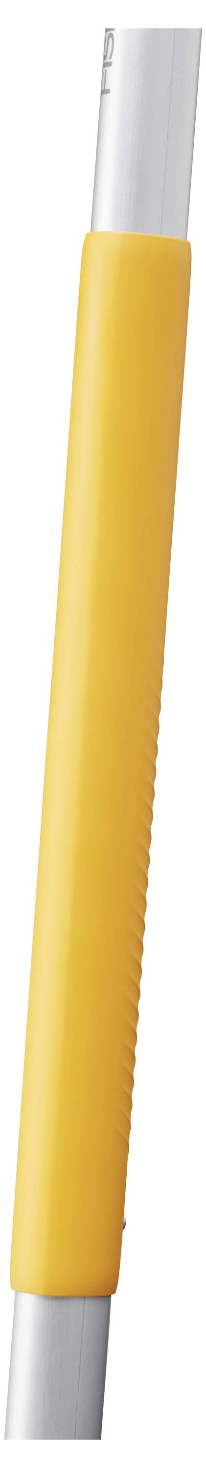 Ein silberfarbener Metallstab mit einem orangefarbenen, gerippten Griff.