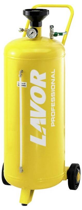 Gelber, mobiler Druckluftbehälter mit Manometer und Ventil, auf Rädern, für professionelle Reinigungsanwendungen. Aufschrift: 'Lavor Professional'.