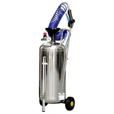 Metallischer Drucksprüher auf Rädern mit Schlauch und Manometer, geeignet für Reinigungs- oder Sprühanwendungen.