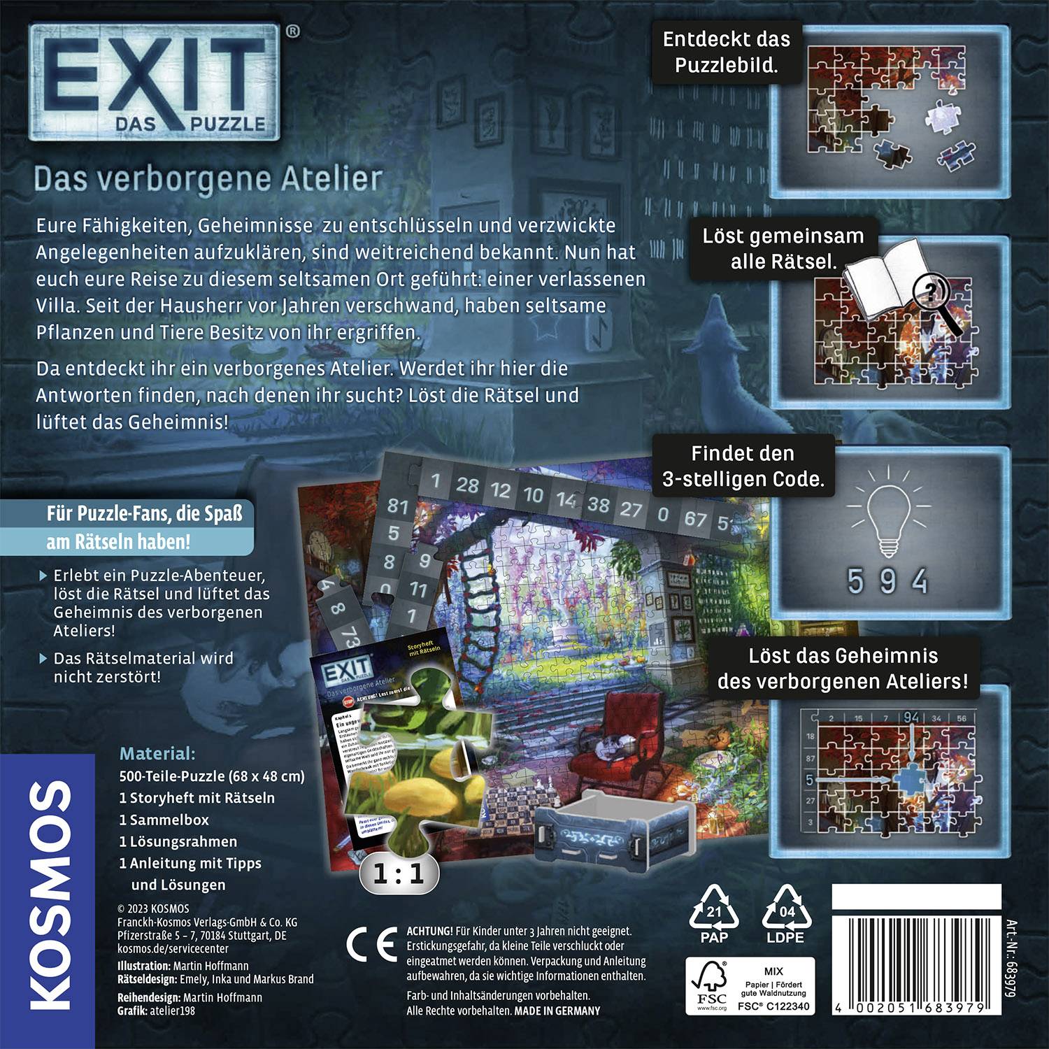 Spiel 'EXIT – Das Puzzle: Das verborgene Atelier'. Auf der Rückseite sind Anleitungen zum Lösen des Puzzles, Materialinfos und Spieltipps abgebildet.