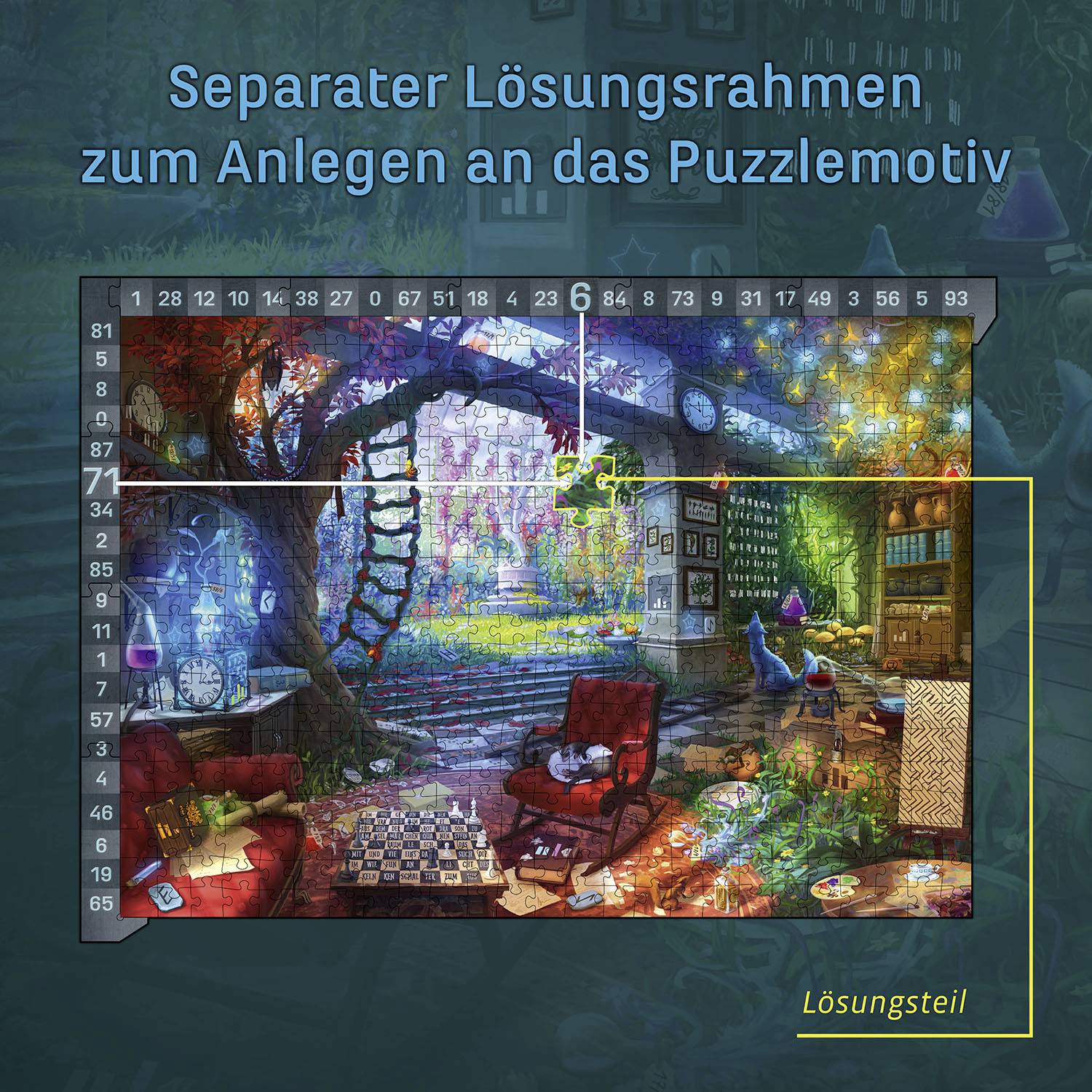 'Separater Lösungsrahmen zum Anlegen an das Puzzlemotiv' zeigt ein buntes Puzzlebild mit einer gemütlichen Innenszene unter einem Baum.