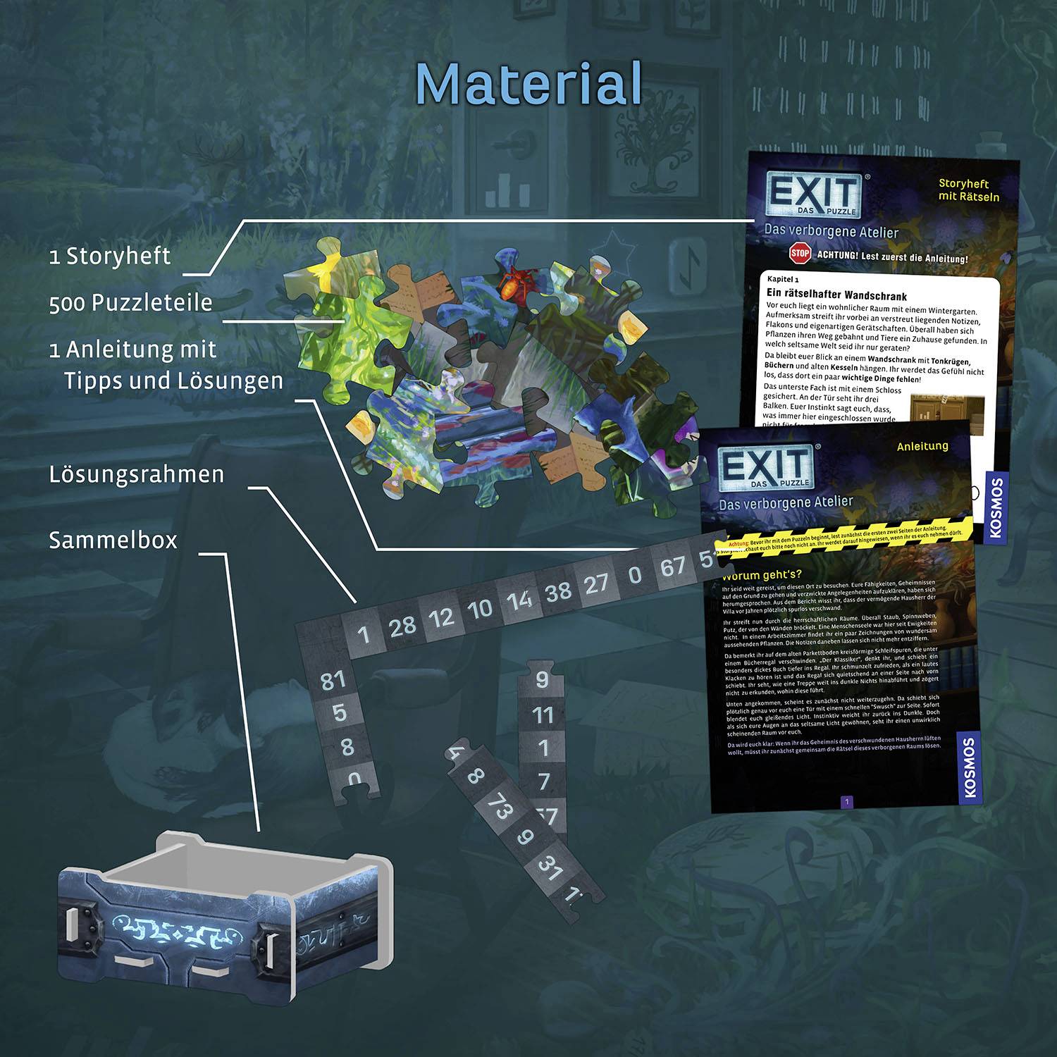 'Material: 1 Storyheft, 500 Puzzleteile, 1 Anleitung mit Tipps und Lösungen, Lösungsrahmen, Sammelbox.'
