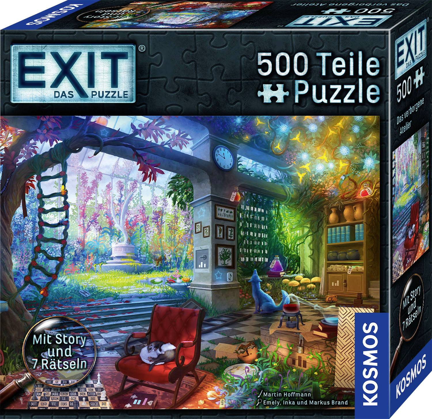 'EXIT Das Puzzle - Licht im Dunkeln' zeigt eine schöne Gartenszene bei Nacht unter Lichtern, mit Tieren und Gegenständen wie auf dem Cover.