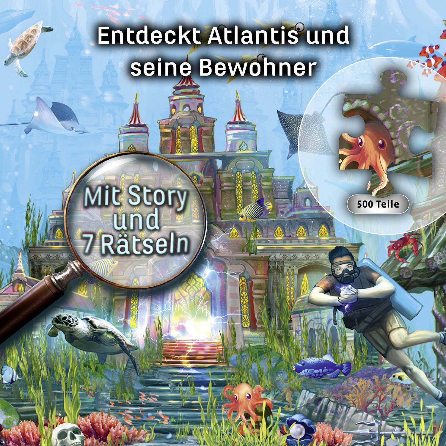 'Entdeckt Atlantis und seine Bewohner' zeigt ein Unterwasserbild mit einer Fantasiewelt, enthalten sind 500 Teile, Story und 7 Rätsel.