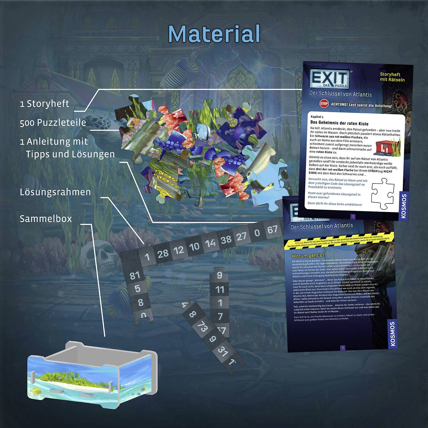 'Material' zeigt ein Storyheft, 500 Puzzleteile, eine Anleitung mit Tipps und Lösungen, einen Lösungsrahmen und eine Sammelbox.
