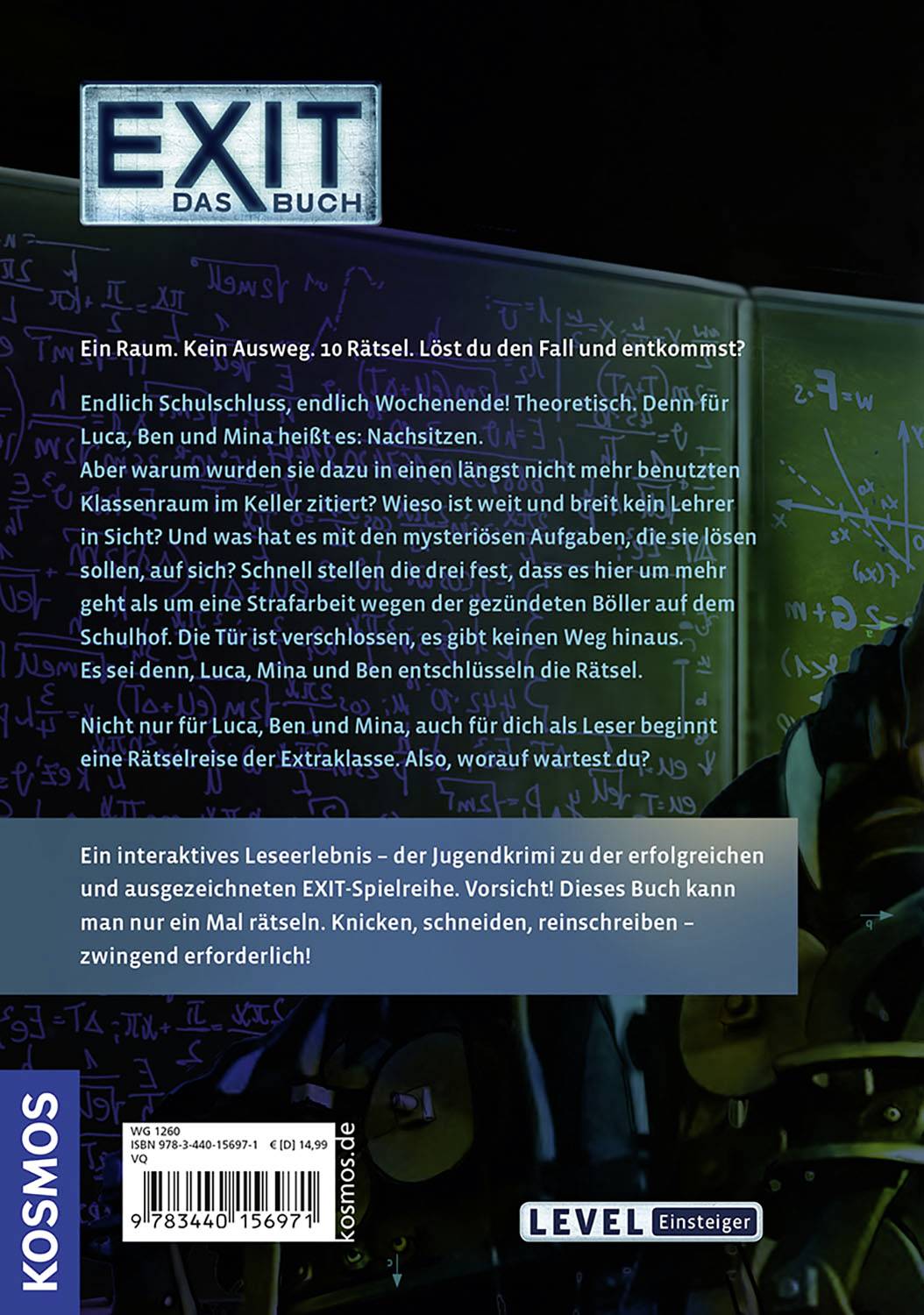 Die Rückseite eines Buches mit Titel 'Exit Das Buch'. Beschreibung der Handlung: Rätsel lösen, um einem Raum zu entkommen. Geeignet ab 10 Jahren.