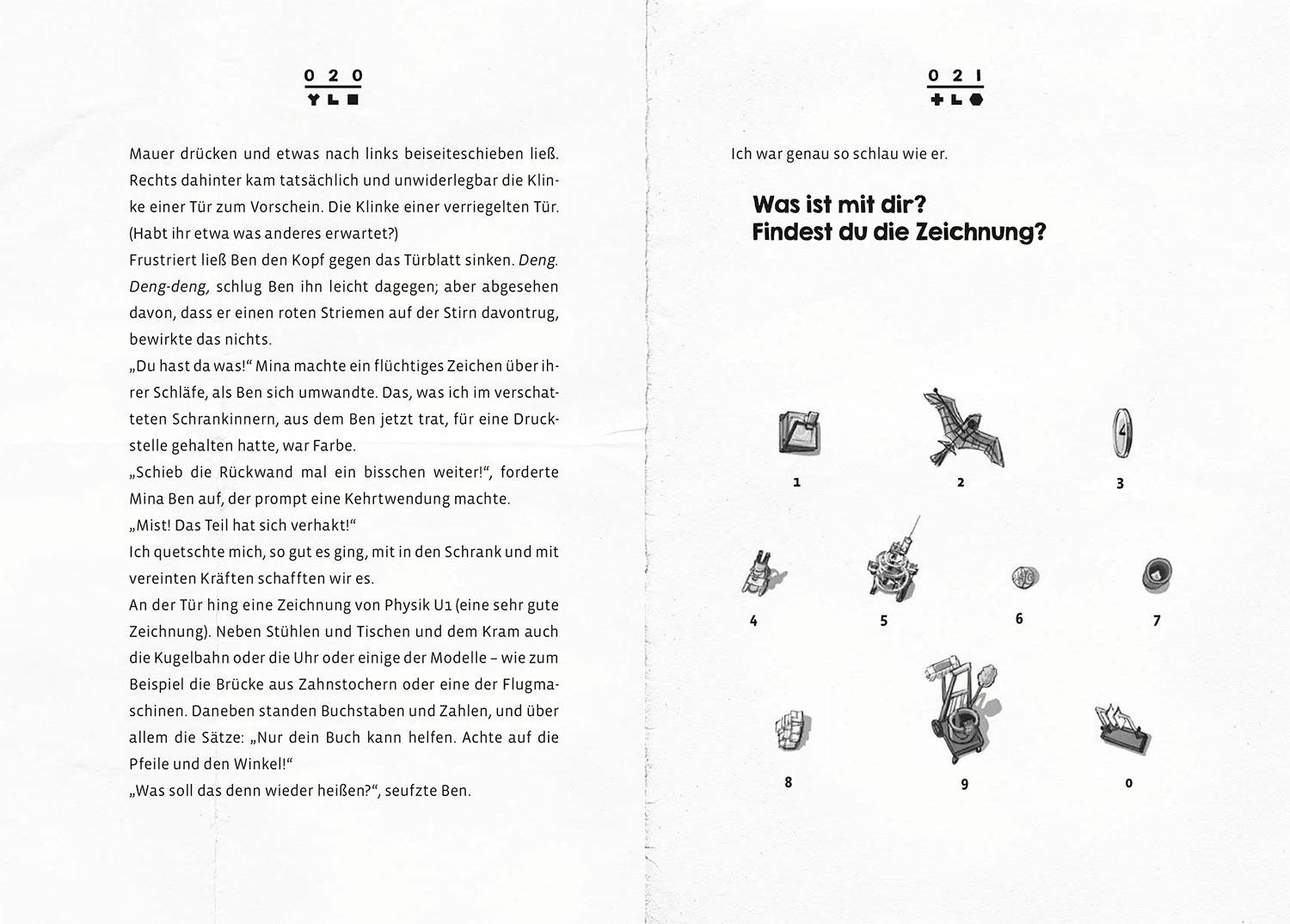 'Was ist mit dir? Findest du die Zeichnung?' Text auf einer Doppelseite. Rechts: neun Zeichnungen nummeriert 1-9. Links: längerer Text über Wände und Zeichen.