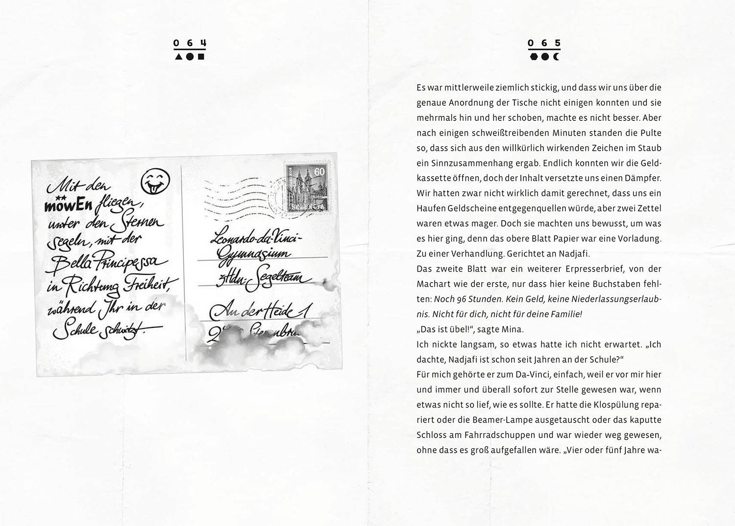 'Geöffneter Brief mit Handschrift und Illustrationen. Links ein Zitat von Bella Preobrazenskaja, rechts handschriftliche Linien und Notizen.'