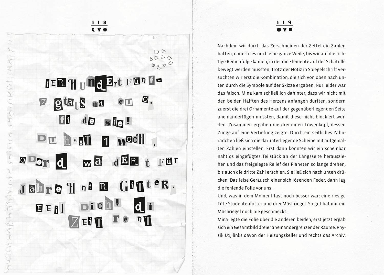 Seite aus einem Buch, auf der linke Seite ein Text aus ausgeschnittenen Buchstaben. Rechte Seite zeigt fortlaufenden gedruckten Text.