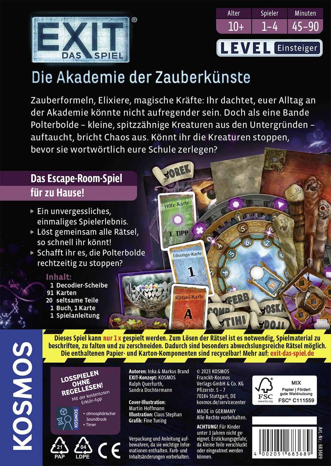 Rückseite einer Spielebox mit dem Titel 'Exit - Die Akademie der Zauberkünste'. Beinhaltet eine Beschreibung des Spiels, Alters- und Spieleranzahl.